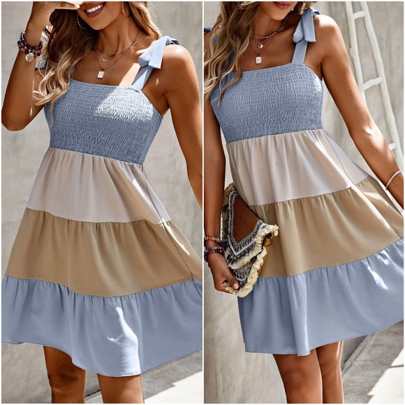 Boho Color Block Shoulder Tie Ruffle Dress - Picture 3 of 3